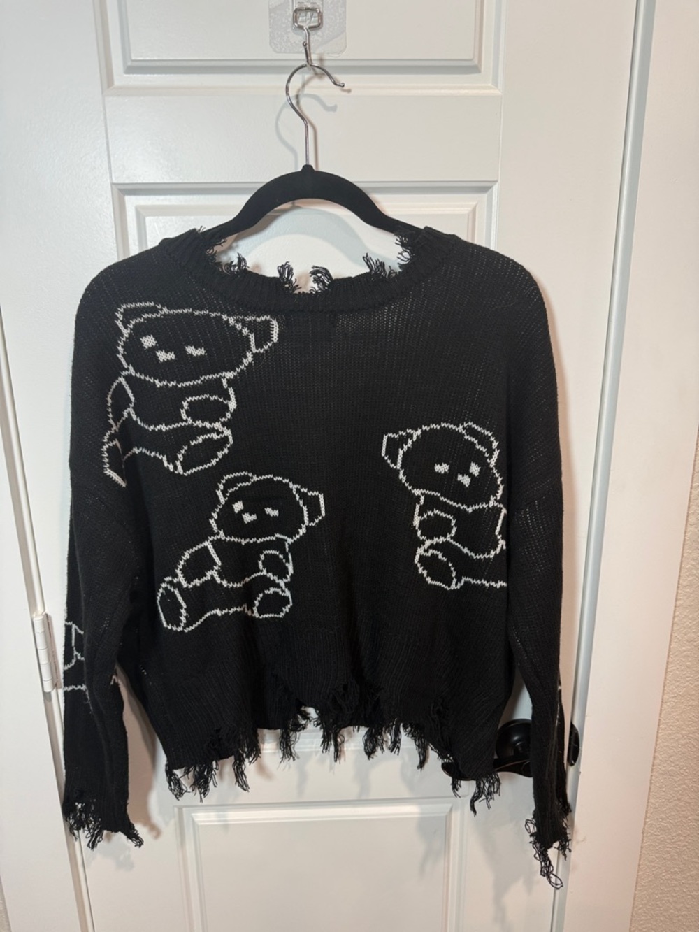 Joyrich Black Knit V-Neck Sweater with White Teddy Bear Motif - Picture 5 of 8